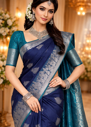 Kanchipuram Handloon Silk Saree - LTS175 Navyblue And Tealgreen