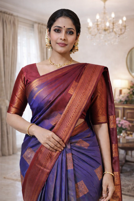 Kanchipuram Handloom Soft Silk Saree - LTS128 Blue & Maroon
