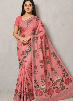 Original Linen Cotton saree - LT57 Peach