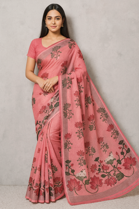 Original Linen Cotton saree - LT57 Peach