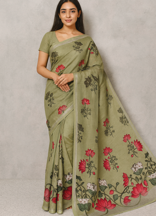 Original Linen Cotton saree - LT59 Olive Green
