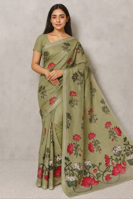Original Linen Cotton saree - LT59 Olive Green