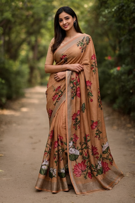 Original Linen Cotton sarees - LT53 Peach Brown