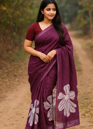 Original Linen Cotton sarees - LT60 Wine Purple