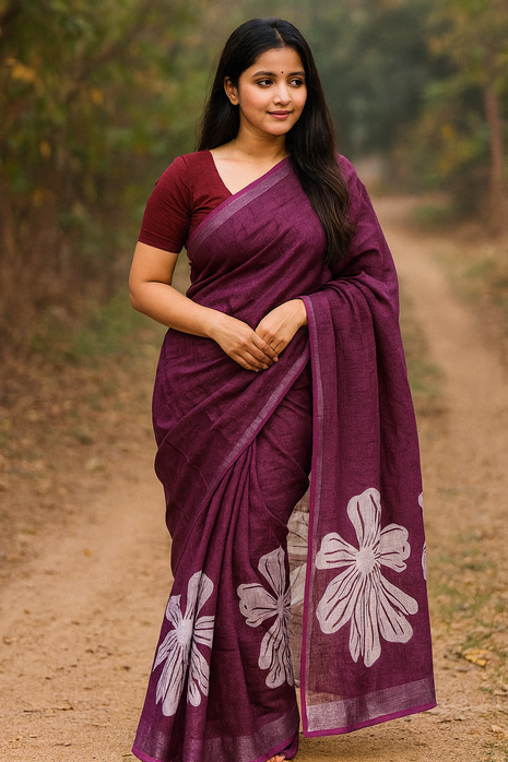 Original Linen Cotton sarees - LT60 Wine Purple