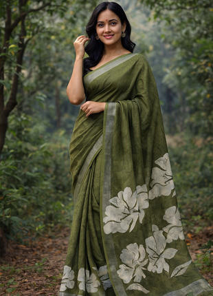 Original Linen Cotton sarees - LT48 Olive Green