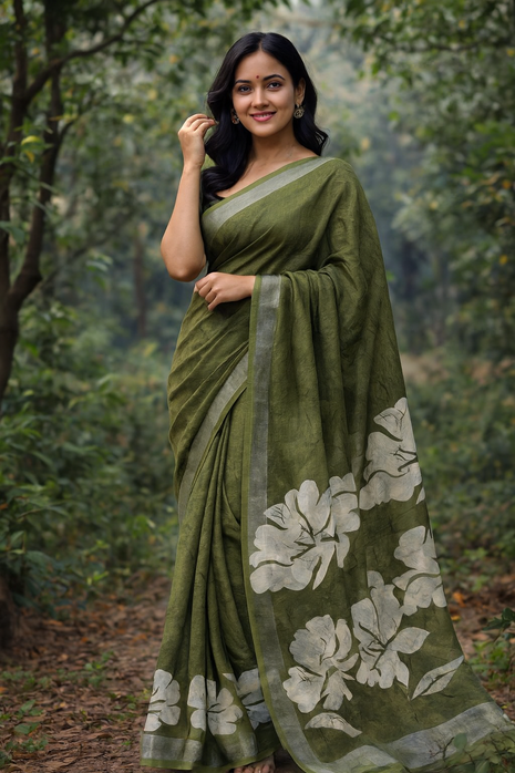 Original Linen Cotton sarees - LT48 Olive Green