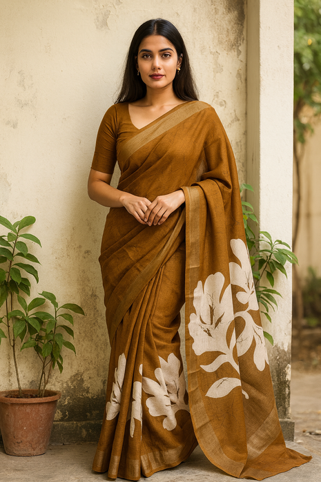 Original Linen Cotton sarees - LT47 Coffee Brown