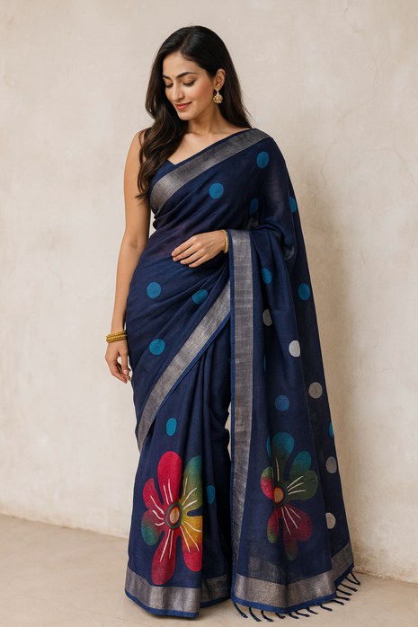 Original Linen Cotton sarees - LT44 Navy Blue