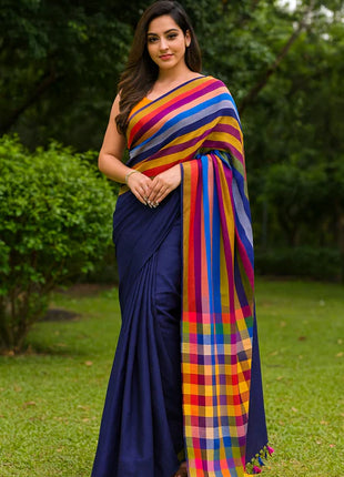 Multi Color Mulmul Cotton Saree - LT29 Multicolor Stripes