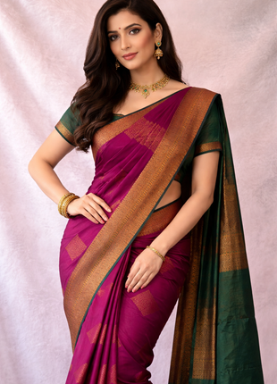 Kanchipuram Handloom Soft Silk Saree - LTS120 Dark Magenta & Green