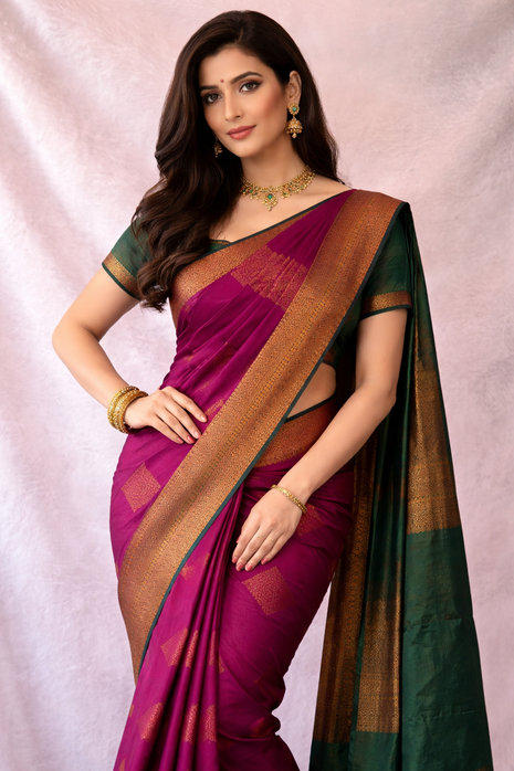 Kanchipuram Handloom Soft Silk Saree - LTS120 Dark Magenta & Green