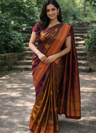 Kanchipuram Handloom Soft Silk Saree - LTS131 Rust Orange & Maroon