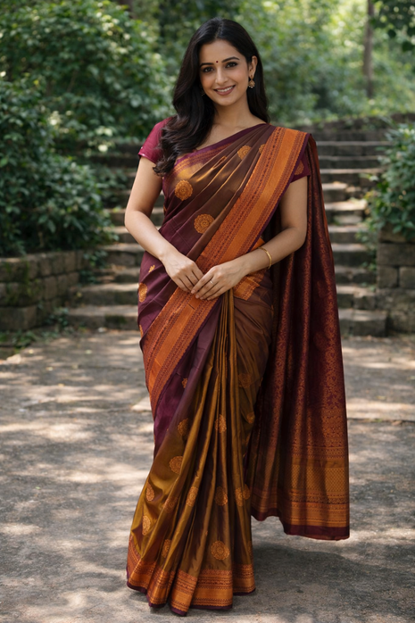Kanchipuram Handloom Soft Silk Saree - LTS131 Rust Orange & Maroon