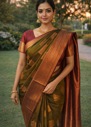 Kanchipuram Handloom Soft Silk Saree - LTS133 Olive Green & Maroon