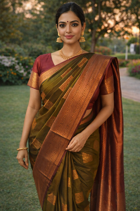 Kanchipuram Handloom Soft Silk Saree - LTS133 Olive Green & Maroon