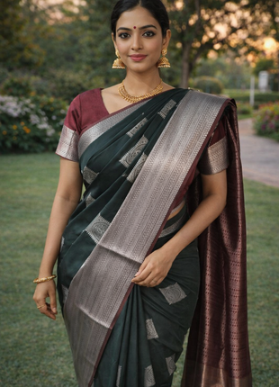 Kanchipuram Handloom Soft Silk Saree - LTS134 Dark Green & Brown