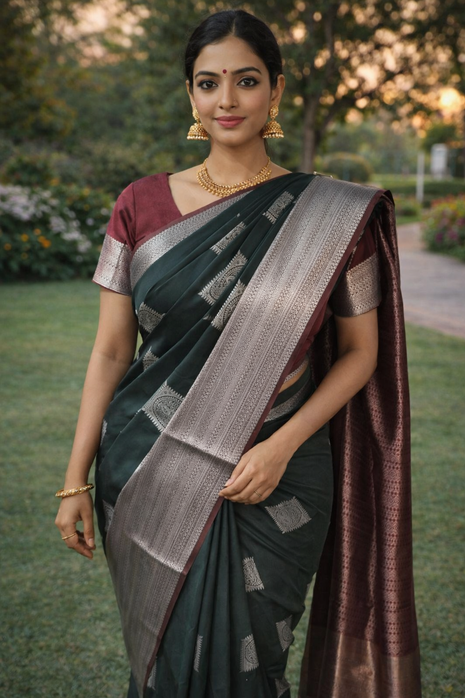 Kanchipuram Handloom Soft Silk Saree - LTS134 Dark Green & Brown