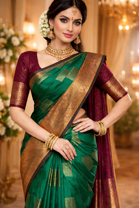 Kanchipuram Handloom Soft Silk Saree - LTS135 Green & Maroon