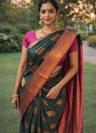 Kanchipuram Handloom Soft Silk Saree - LTS136 Dark Green & Pink