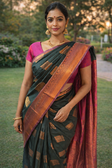 Kanchipuram Handloom Soft Silk Saree - LTS136 Dark Green & Pink