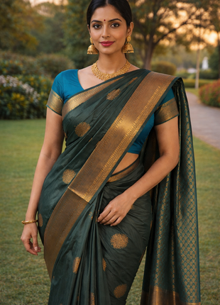 Kanchipuram Handloom Soft Silk Saree - LTS137 DarkGreen & Teal Green
