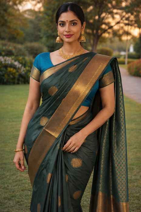 Kanchipuram Handloom Soft Silk Saree - LTS137 DarkGreen & Teal Green