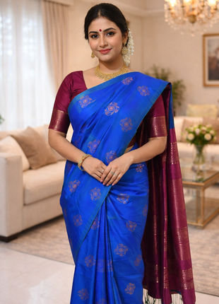 Fancy Soft Silk Bhutta Saree - LTS20 Indigo Blue & Brown