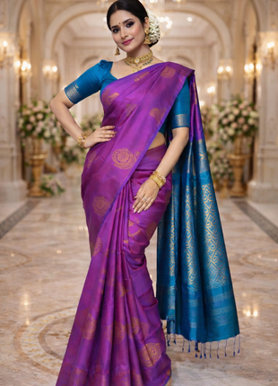 Fancy Soft Silk Bhutta Saree - LTS22 Magenta & Peacock Blue
