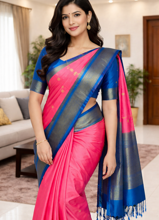 Fancy Soft Silk Bhutta Saree - LTS27 Bright Pink & Cobalt Blue