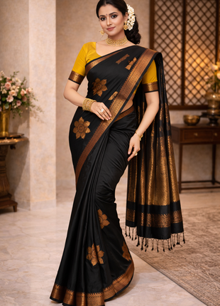 Fancy Soft Silk Bhutta Saree - LTS32 Black & Mustard Yellow