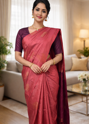 Fancy Soft Silk Bhutta Saree - LTS34 Light Salmon Pink & Wine Red