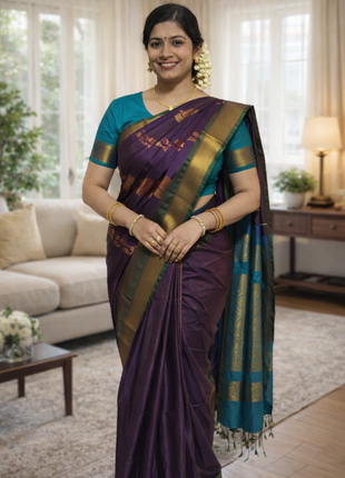 Fancy Soft Silk Bhutta Saree - LTS37 Aubergine & Bright Green