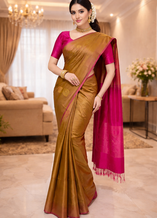 Fancy Soft Silk Bhutta Saree - LTS38 Muted Gold & Hot Pink