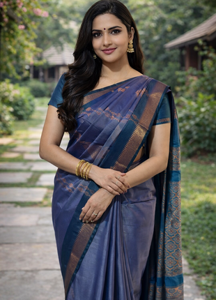 Fancy Soft Silk Bhutta Saree - LTS39 Dusty Mauve & Peacock Blue