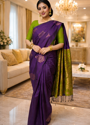 Fancy Soft Silk Bhutta Saree - LTS41 Vibrant Purple & Light Olive Green