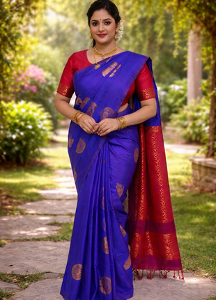 Fancy Soft Silk Bhutta Saree - LTS43 Royal Blue & Crimson