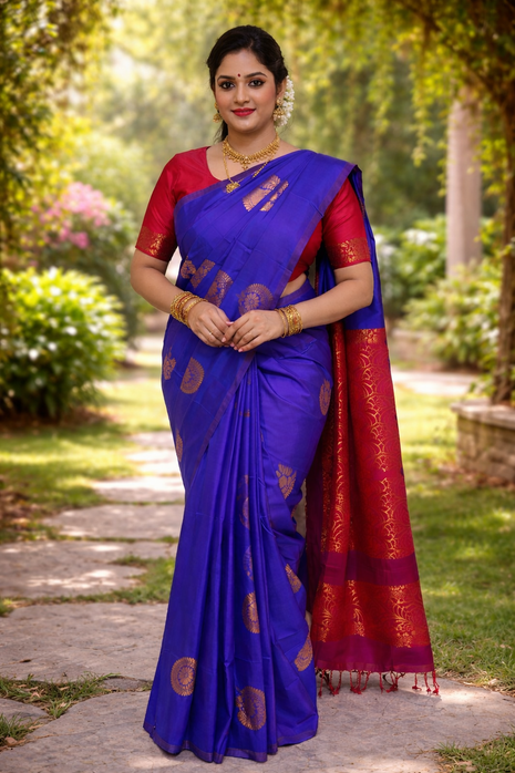 Fancy Soft Silk Bhutta Saree - LTS43 Royal Blue & Crimson