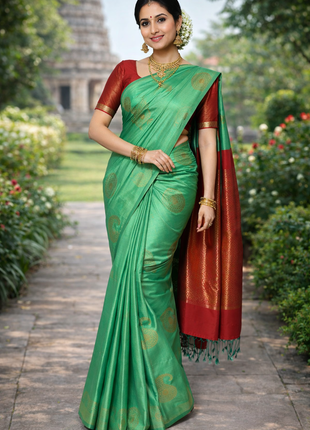 Fancy Soft Silk Bhutta Saree - LTS44 Light Aqua & Burnt Orange
