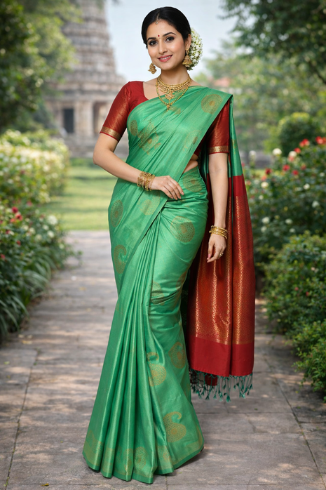 Fancy Soft Silk Bhutta Saree - LTS44 Light Aqua & Burnt Orange
