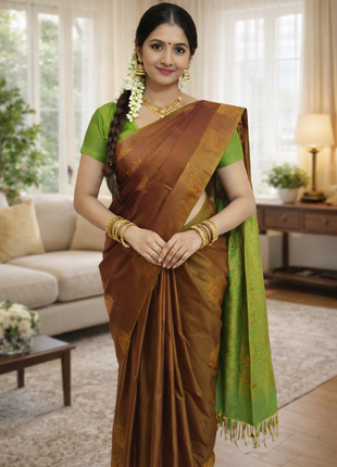 Fancy Soft Silk Bhutta Saree - LTS45 Burnt Orange  &  Lime Green