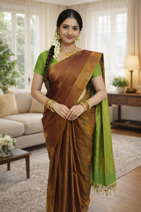 Fancy Soft Silk Bhutta Saree - LTS45 Burnt Orange  &  Lime Green