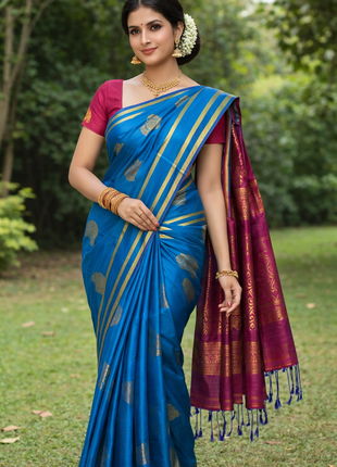 Fancy Soft Silk Bhutta Saree - LTS46 Cerulean & Raspberry Pink