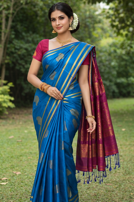 Fancy Soft Silk Bhutta Saree - LTS46 Cerulean & Raspberry Pink
