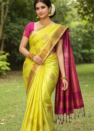 Fancy Soft Silk Bhutta Saree - LTS47 Canary Yellow & Hot Pink