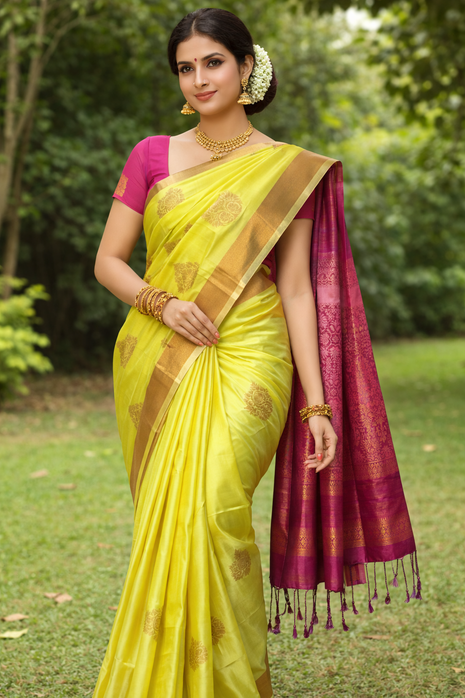 Fancy Soft Silk Bhutta Saree - LTS47 Canary Yellow & Hot Pink