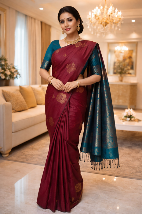 Fancy Soft Silk Bhutta Saree - LTS48 Wine Red  & Turquoise