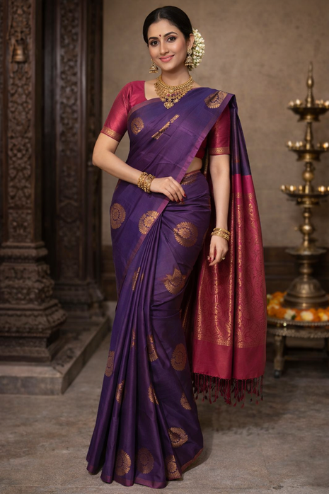 Fancy Soft Silk Bhutta Saree - LTS49 Amethyst & Rani Pink