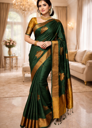 Fancy Soft Silk Bhutta Saree - LTS50 Forest Green & Muted Gold