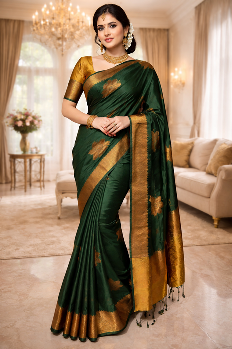 Fancy Soft Silk Bhutta Saree - LTS50 Forest Green & Muted Gold